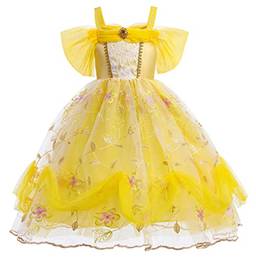 Dzyoleize Vestido de princesa Belle Vestido infantil Halloween Pompom A Bela e a Fera Fantasia de princesa Belle para meninas (as2, age, 9_years, 10_years, regular, Amarelo)