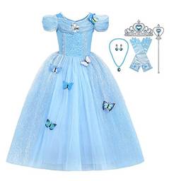 Dzyoleize Princesa Elsa Fantasia para Meninas Toddler Princesa Vestida com Acessórios Cinderela Cosplay Queen Snow (Azul, 6-7 Anos)