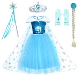 Dzyoleize Roupas de Princesa Vestido de Aniversário para Meninas com Coroa,Mace,Luvas Acessórios 3-12 Anos (as2, age, 4_years, 5_years, regular, Azul)