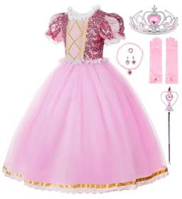 Dzyoleize Festa de Aniversário da Princesa Fantasia Cosplay Vestido Roxinho com Acessórios (Pink, 4 Anos)