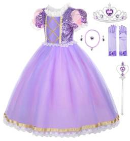 Dzyoleize Festa de Aniversário da Princesa Fantasia Cosplay Vestido Roxinho com Acessórios (Púrpura, 6 Anos)