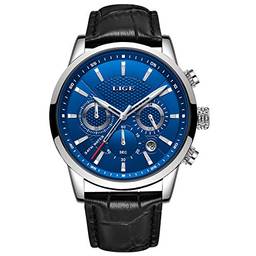 LIGE Relógio de pulso masculino de couro com cronógrafo, à prova d'água, analógico, quartzo, aço inoxidável, social, clássico, Azul clássico, Cronógrafo.