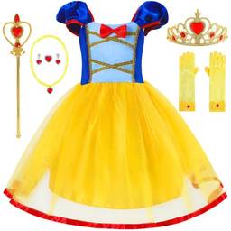 Dzyoleize Roupa de Princesa Vestida de Menina para Menina Toddlers Vestimenta Elástica sem cintura para o Halloween Cosplay (Amarelo(com acessórios), 4-5 anos)