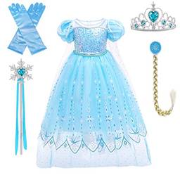 Dzyoleize Fantasia da Princesa Elsa para Meninas Toddler Festa de Aniversário da Princesa de Aniversário do Halloween Cosplay Vista-se com Acessórios (Azul, 7-8 Anos)