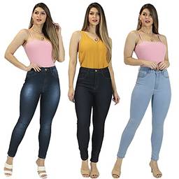 Kit com 3 Calças Jeans Feminina Imporium Skinny Cropped Cintura Alta Cós Alto 002 (36, Azul 002)