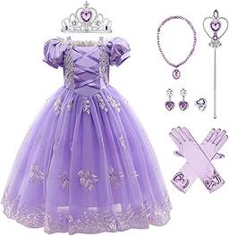Dzyoleize Vestidos de Princesa para Meninas Puff Sleeve Fancy Party Fantasia de Halloween com Acessórios (Púrpura, 4-5 Anos)