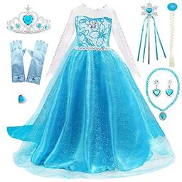 Dzyoleize Fantasias para garotas Fantasias congeladas Elsa Princess Vestidos de festa com acessórios (as2, age, 7_years, 8_years, regular, Azul)